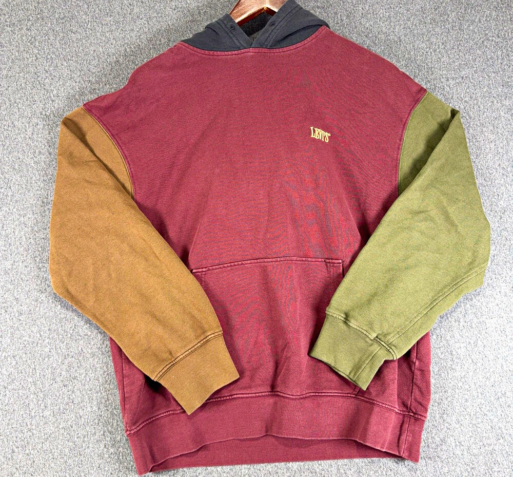 Levis Mens Small Colorblock Hoodie Burgundy Olive Brown Relaxed Fit Sweatshirt